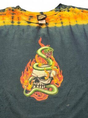 Vintage 90s Y2K Global Generation Skull Snake Flame Skater Grunge Tie Dye Tee XL